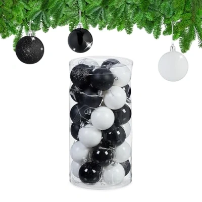 Image of Relaxdays 30x Christmas Bauble Glittery, Matt &amp; Shiny Ornaments, Plastic Xmas Tree Balls, HxD: 7 x 6 cm, Black/White