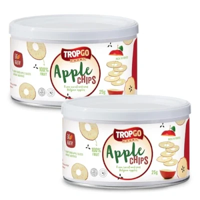 Image of Tropgo Belgium Apple Chips 100% Fruit Natural Healthy Snack Fresh Red Crisps 35gr Recyclable Tin lock seal (2 Pack, and Green)