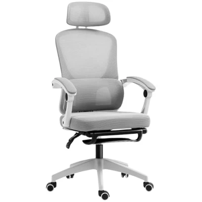 Image of HOMCOM Ergonomic Office Chair, Mesh High Back Desk Chair with Adjustable Lumbar Support and Headrest, Footrest, Reclining Executive Swivel Computer for Home Study, Grey