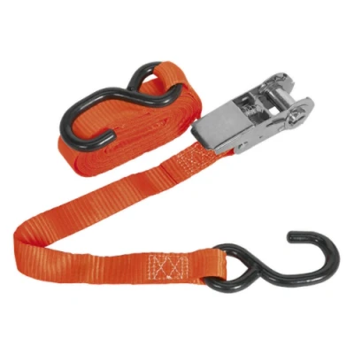 Image of Sealey Ratchet Tie Down 25mm x 4.5m Polyester Webbing with S Hook 800kg Breaking Strength