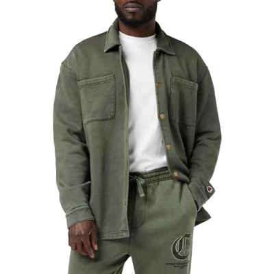 Image of Champion Men&#039;s Rochester 1919 Pop Punk Dyed/Wash Heavy Poly fleece Full Buttoned Sweatshirt, Verde Foresta, L UK