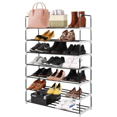Image of MantrRaj 7 Tier Metal Shoe Rack Quick Assembly Space Saving Heavy Duty Storage And Organiser for Wardrobe, Hallway, Bedroom &amp; Bathroom Indoor Outdoor Use Black