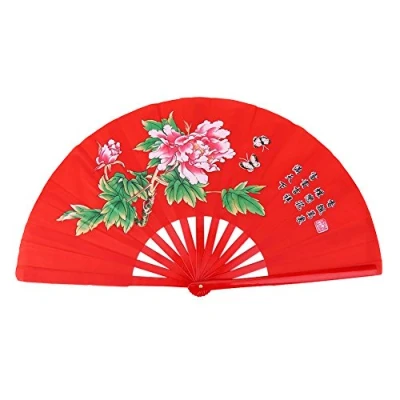 Image of VGEBY Traditional Chinese Fan, Large Folding Hand Fan Kung Fu Fighting Tai Chi Bamboo Fabric (Red)