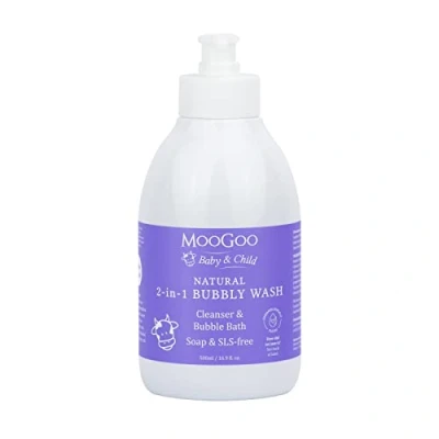 Image of MooGoo 2 in 1 Bubbly wash A gentle cleansing baby bubble bath, body and shampoo Great for sensitive delicate skin vegan, cruelty free, fragrance SLS free formula