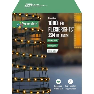 Image of Premier 1000 LED Flexibrights Lights, Vintage Gold Multi Action with Green Cable, 35m Lit Length, Timer Function, Indoor/Outdoor Use