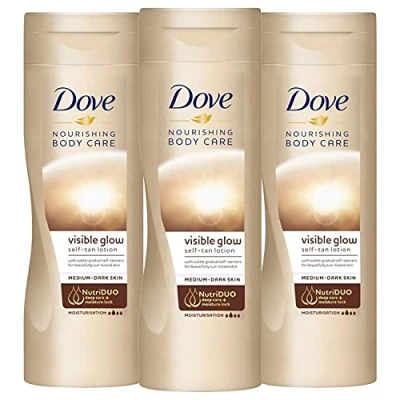 Image of 3 Pack Dove Visible Glow Self Tan Lotion Medium to Dark for Gradual Skin Tone, 400ml