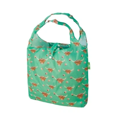Image of ECO CHIC Lightweight Foldable Reusable Shopping Bag Water Resistant Tote (Floral Highland Cow Green)