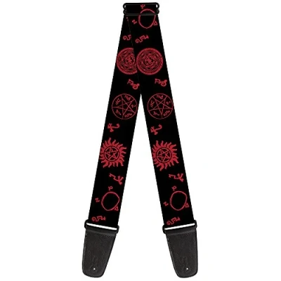 Image of Buckle Down Guitar Strap Supernatural Symbols Scattered Black/Red 2&quot; Wide 29 54&quot; Length