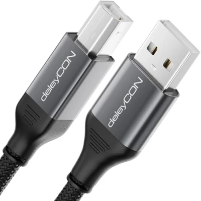 Image of deleyCON 0.5 m USB Printer Cable for Printer, Scanner, MIDI, Short 50 cm A to B Braided + Metal Connector Epson Brother Canon Notebook Tablet PC MacBook HP Samsung