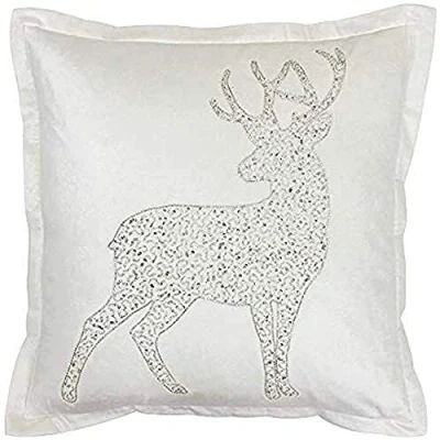 Image of Riva Paoletti Wonderland Prancer Christmas Cushion Cover White Sequined Glitter Reindeer Design Double Flange Edge 60% Viscose 40% Cotton 50 x 50cm (20&quot; 20&quot; inches)