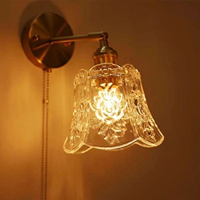 Image of RXPVUXE Vintage Sconce Wall Light Antique Brass Mount Lamps with Clear Glass Shade/Pull Chain Switch, Bedside Night Lighting for Indoor Bedroom Hallway Stairs Hotel, E27