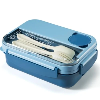 Image of JIUFOXINO Box Lunch Box,1300ml Bento for Adults and Kids, Container with 4 Compartments, in 1 Meal Prep Fork &amp; Spoon, Microwave Dishwasher Safe Available (Blue)