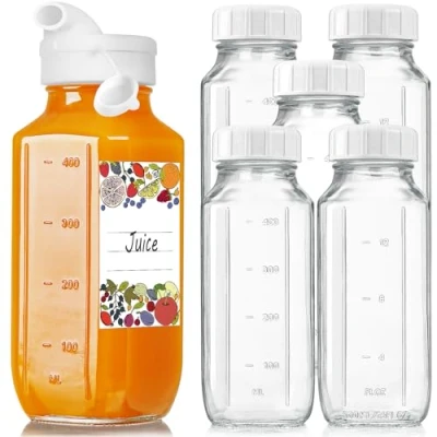 Image of 6 Pack 16 Oz Glass Juice Bottles w Pour Spout, 100% Airtight Heavy Duty SCREW Lid Reusable Milk Capacity Mark, Square Drinking Jar Container(Extra 2 Lid)