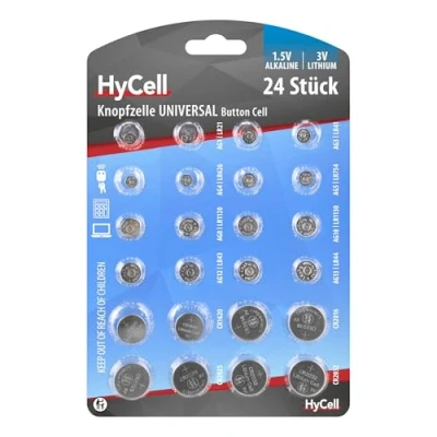 Image of HYCELL Alkaline &amp; Lithium Button Cells [Assorted Multipack of 24] Incl 2 CR1620/CR2016/CR2025/CR2032/LR41/LR43/LR44/LR626/LR621/LR754/LR1120/LR1130 Coin ideal for Watches, Car Keys, Toys etc