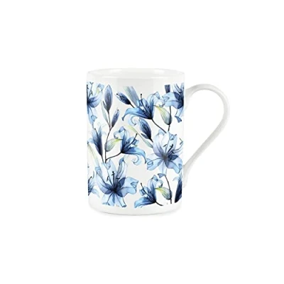 Image of Purely Home Blue Lily Watercolour Glass Flowers Bone China Style White Mug Coffee/Tea Present Gift