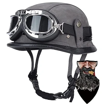 Image of Motorcycle Half Helmet,Motorcycle German Leather Face Helmet, DOT/ECE Approved Cap Shell Helmet+Goggles Retro Open Helmet with Adjustable Quick Release Buckle