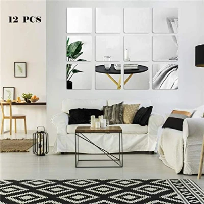 Image of Square Mirror Wall Stickers, 12Pcs Self Adhesive Removable 3D Acrylic Sheet Plastic Tiles, Art DIY Home Decorative for Living Room Sofa TV Background Bedroom Decoration (20 cm)