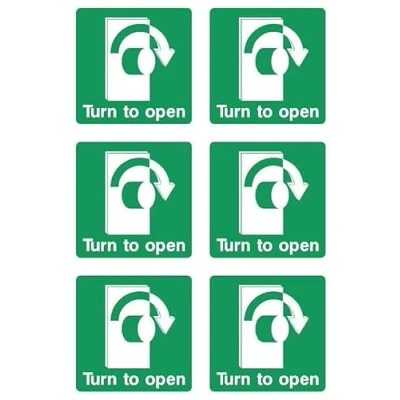 Image of Turn right to open door handle safety sign Pack of 6 100mm x Self adhesive stickers on sheet (300mm 200mm)