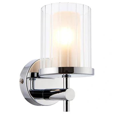 Image of Blake Modern Chrome Bathroom Wall Light with Clear Rippled Glass Cylinder Shade IP44 Rated
