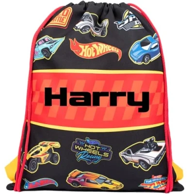 Image of Hot Wheels Personalised Drawstring Bag For Kids PE School or Swimming Boys Merchandise Black