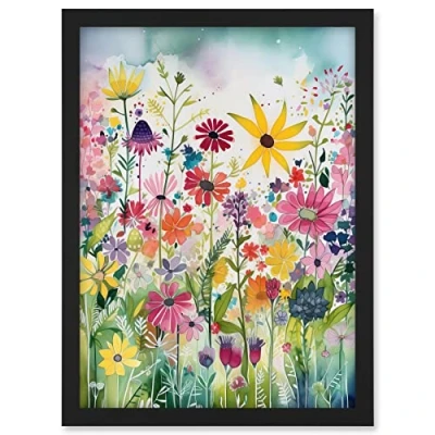 Image of Artery8 Bright Wildflower Floral Blooms Folk Art Artwork Framed A3 Wall Print