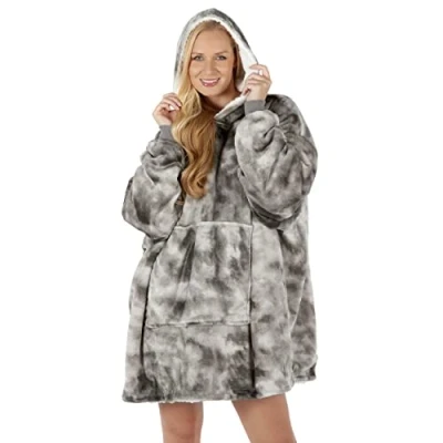 Image of TIE DYE Oversized Hoodie Blanket Women Ultra Plush Fleece with Soft Sherpa Reversible Warm Cosy Comfy Wearable Hooded Giant Sweatshirt Throw Girls Adults Men Boys Kids Big Pocket (Grey Silver)