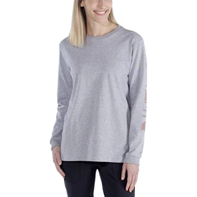 Image of Carhartt Women&#039;s Loose Fit Heavyweight Long Sleeve Logo Graphic T Shirt, Heather Grey, S