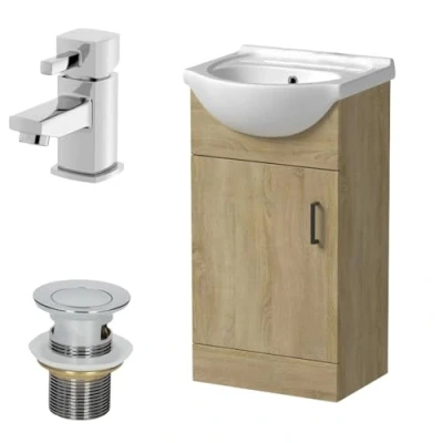Image of Affine® 450mm Bathroom Vanity Unit Ceramic Sink Floorstanding Storage Cabinet Cupboard &amp; Misa Basin Tap Waste Set, Oak Effect