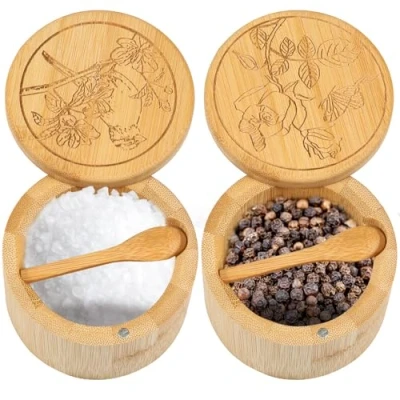 Image of Bamboo Salt and Pepper Bowls Cellar with Swivel Lid &amp; Mini Spoon Seasoning Bowl Storage Box Multipurpose Container for Table Sugar Herbs