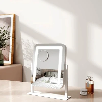 Image of EMKE Hollywood Makeup Mirror with Lights, 30 x 36 cm Small Lighted Vanity 360Rotation 3 Color Lighting Modes, 7X Magnifying Dimmable Strip Light, White