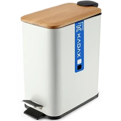 Image of KADAX Toilet Bin, Powder Coated Steel Kitchen Waste Bin with Bamboo Lid, Small Bathroom Trash Can Foot Pedal and Internal Bucket (5L, White, Rectangular)
