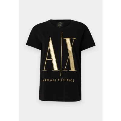 Image of Armani Exchange Women&#039;s Icon, Regular fit, Maxi Gold Embroidered Logo T Shirt, Black, M