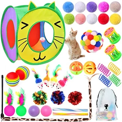 Image of SUPJADE Cat Kitten Toys Interactive Feather 37Pcs Mice Sets for Indoor Cats Tunnel Mouse Wand Springs Teaser Kitty (1#)