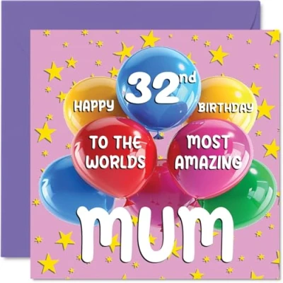 Image of 32nd Mum Birthday Card World&#039;s Most Amazing Happy for from Daughter Son, 145mm x Age 32 Thirty Two Greeting Cards Mother Mom