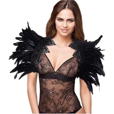 Image of Zac&#039;s Alter Ego Black Feather Shrug Cape Shoulder Wrap with Lace Collar Halloween Costumes for Women
