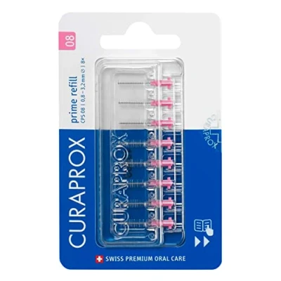Image of Curaprox Interdental Brushes CPS 08 Prime Refill, Pack of 8, Pink, 0.8 mm Diameter, 3.2 Effectiveness, Refill Pack, Without Holder
