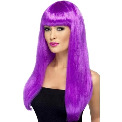 Image of Smiffys Babelicious Wig, Purple Long, Straight with Fringe, Ladies Glamour Wigs Fancy Dress, Adult Dress Up