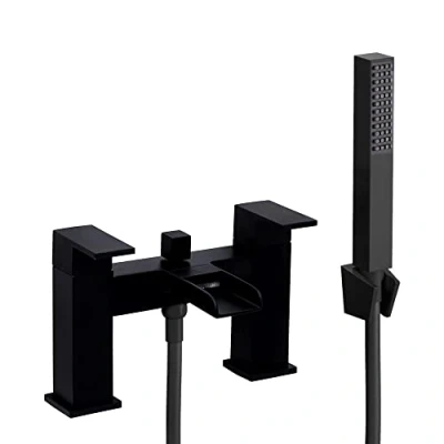 Image of ENKI, Plaza, BBT0262, Matte Black Bath Shower Mixer Tap, Square Waterfall Open Spout Design