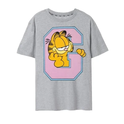 Image of Garfield Mens T Shirt in Grey Collegiate Campus Short Sleeve Top for Adults Lightweight Retro Cartoon Graphic Tee Series Movie 90s Nostalgic Merchandise Gift Men