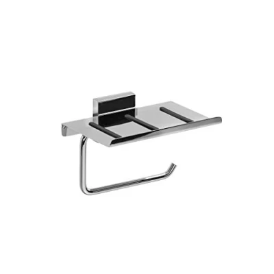 Image of Croydex Flexi Fix Chester Toilet Roll Holder with Shelf, Chrome Plated Holder, Bathroom Accessories, No Drill All Fixings Included Screw or Glue 15.5 x 10.6 11.7cm