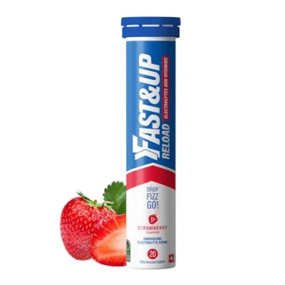 Image of Fast&amp;Up Reload Strawberry Flavour 20 Effervescent Tablets Instant Electrolytes for Rapid Hydration &amp; Energy Added Vitamin C B12 Performance, Wellbeing, Travel Recovery Vegan