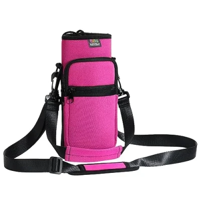Image of Nuovoware Water Bottle Carrier Bag, 25oz/32oz Pouch Holder, Adjustable Shoulder Hand Strap 2 Pocket Sling Neoprene Sleeve Sports Bag for Men Women Hiking Travelling Camp, Magenta