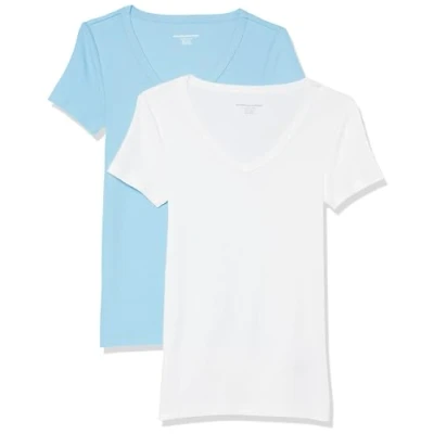 Image of Amazon Essentials Women&#039;s Slim Fit Short Sleeve V Neck T Shirt, Pack of 2, White/Light Blue, M
