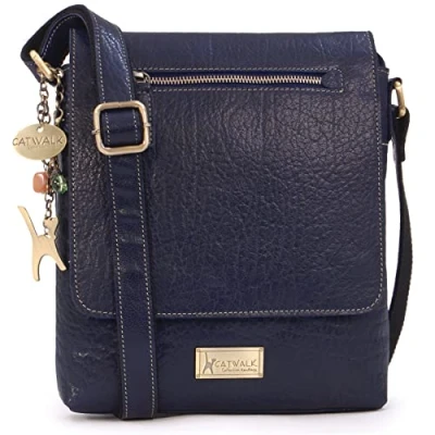 Image of Catwalk Collection Handbags Women&#039;s Leather Anti Theft Crossbody Bag Medium Messenger Adjustable Shoulder Strap ANJA Blue