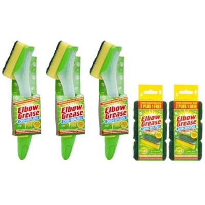 Image of 3X Elbow Grease Fillable Washing Up Brush with Sponge Ergonomic design handle 6X Refills