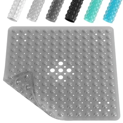 Image of XIYUNTE Square Shower Mat Non Slip Anti Mould 53 x 53cm Mats for Inside Shower, Rubber with Suction Cups &amp; Drain Holes, Machine Washable, Clear Grey