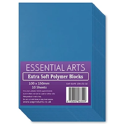 Image of Extra Soft 100 x 150mm Double Sided Blue Polymer Blocks Pack of 10 3.2mm Super Printing Sheets for Easy Lino Carving Art and Craft by Essential Arts