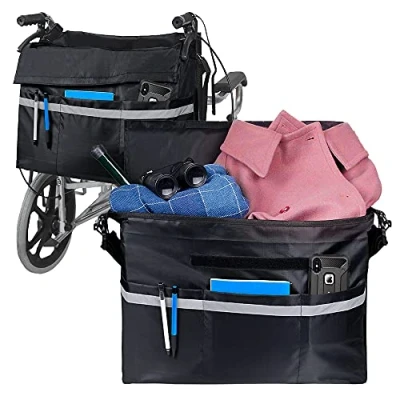 Image of supregear Wheelchair Bag, Accessory Bag Large Capacity Pouch with Secure Reflective Strip, Anti Scratch Oxford Perfect for Any Style Walker Rollator Transport Chair, Black