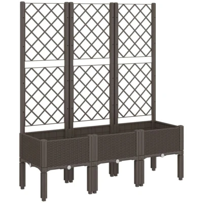 Image of vidaXL Polypropylene Garden Planter with Integrated Trellis Rattan Look 120x40x142 cm Elevated Outdoor Patio Raised Plant Box Brown