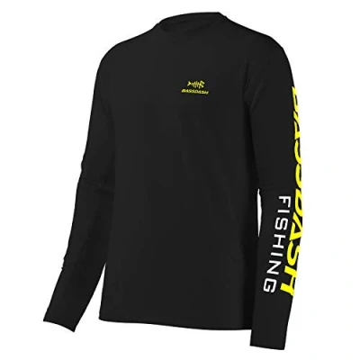 Image of BASSDASH Fishing T Shirts for Men UV Sun Protection UPF 50+ Long Sleeve Tee Shirt, Black/Yellow Logo, Large